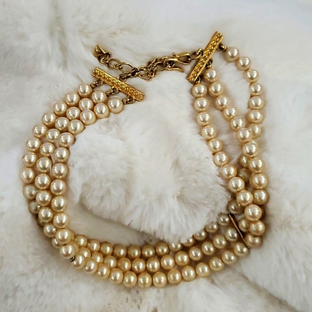 PEARL NECKLACE THREE STRANDS MULTISTRAND GOLDTONE TRIM VINTAGE LIZ CLAIBORNE